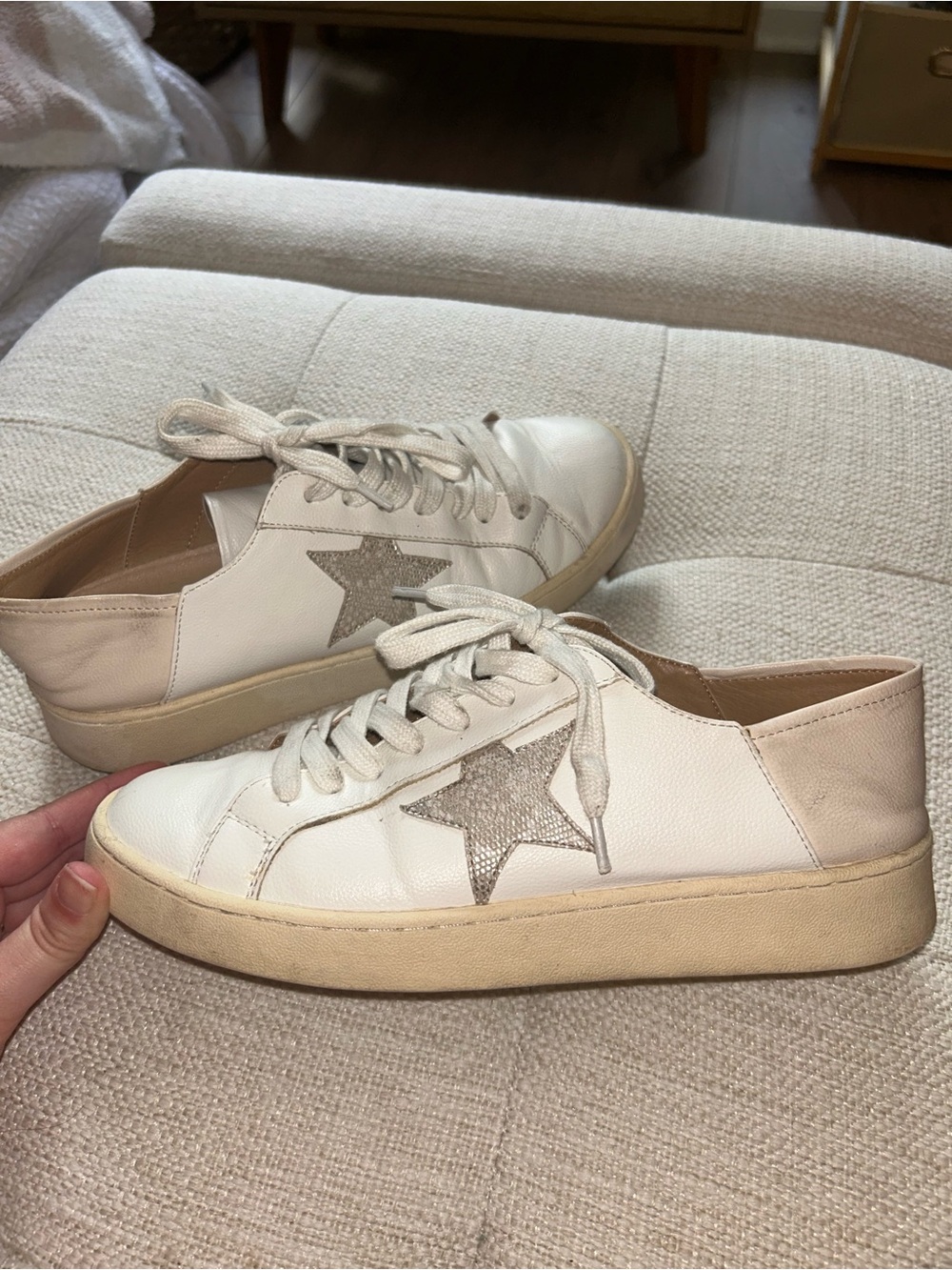 Women's Cream Lace-Up Sneakers with Metallic Star Accent
